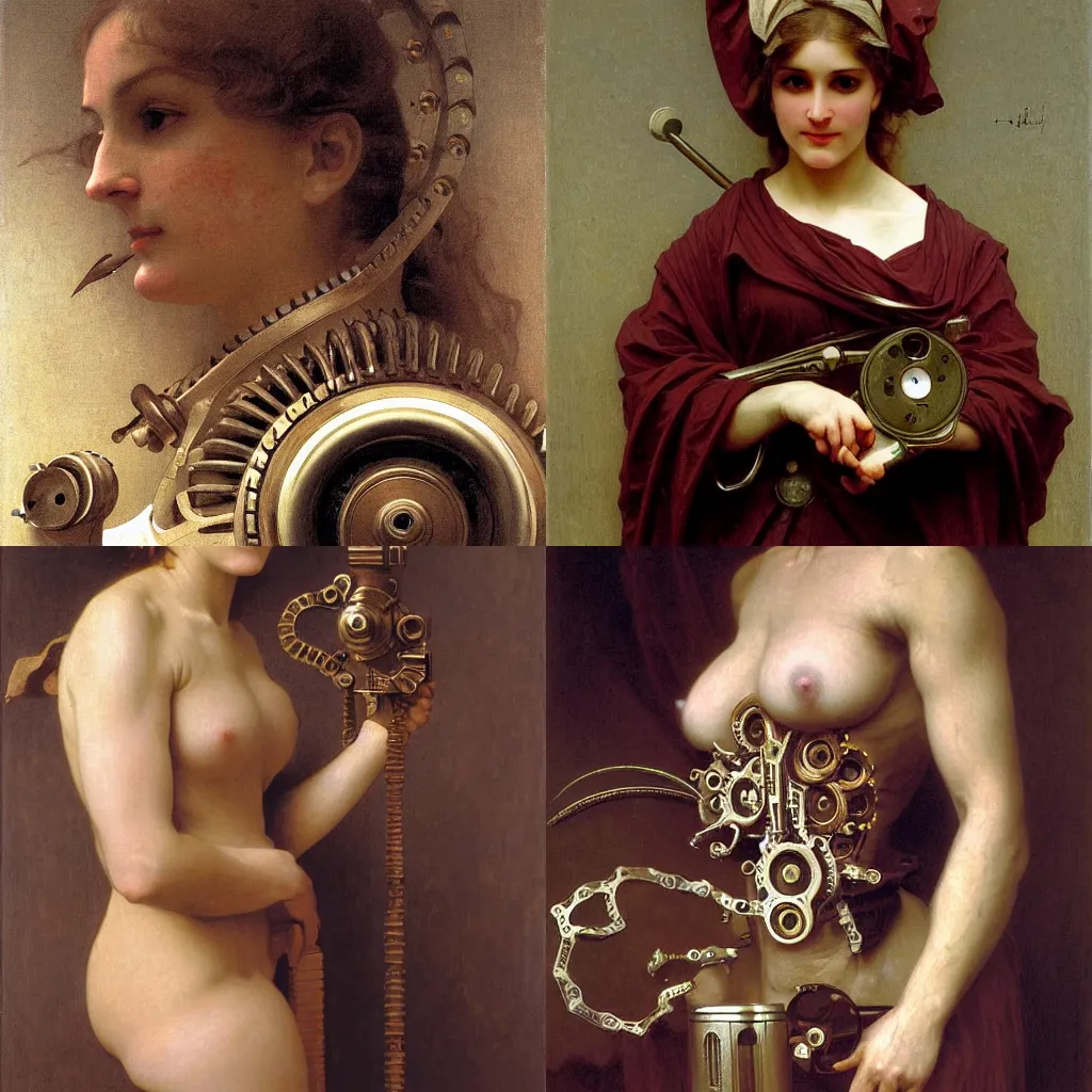 Prompt: detailed portrait of a biomechanical gadget, ornaments, bouguereau