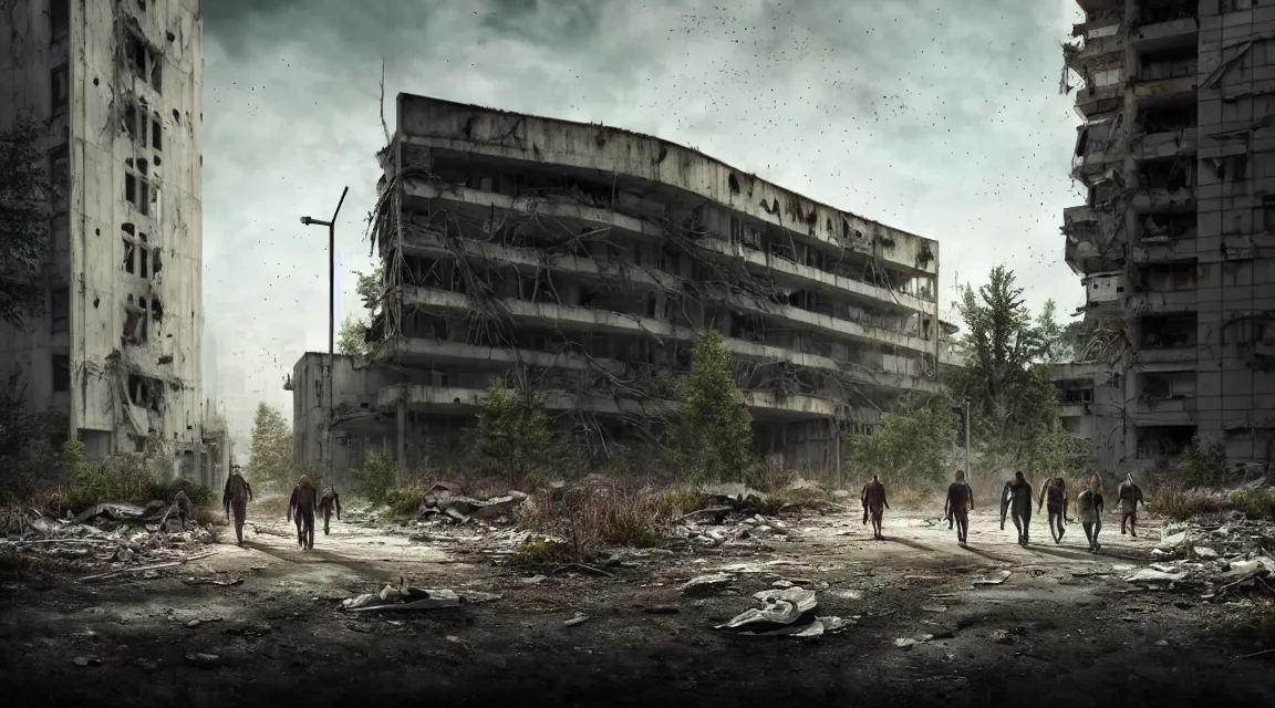 Image similar to post apocalyptic hospital building, survivors walking, morning, building, avenue, modern contemporary urban americana concrete architecture, by pascal blanche, neil blevins, apocalyptic color palette, trending on artstation, photorealistic, wilderness ambiance, ultra detailed, high definition, depth of field, bokeh, rubble, wild vegetation, blood stains, building crumbling