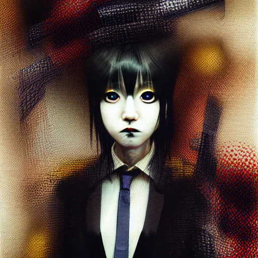 Image similar to yoshitaka amano blurred and dreamy realistic three quarter angle portrait of a young woman with black lipstick and black eyes wearing dress suit with tie, junji ito abstract patterns in the background, satoshi kon anime, noisy film grain effect, highly detailed, renaissance oil painting, weird portrait angle, blurred lost edges