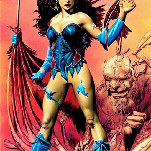 Image similar to Natalie Portman as a beautiful amazon sorceress, wearing tight fitting outfit, Frank Frazetta, Joe Jusko