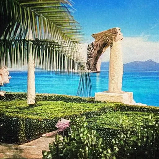 Image similar to “A photo of a beach and a french garden in 1993, tarot-like landscape it's lit by the camera flash. Surreal Greek architecture, mason, occult tarot symbols. Far away sail boat at the ocean”