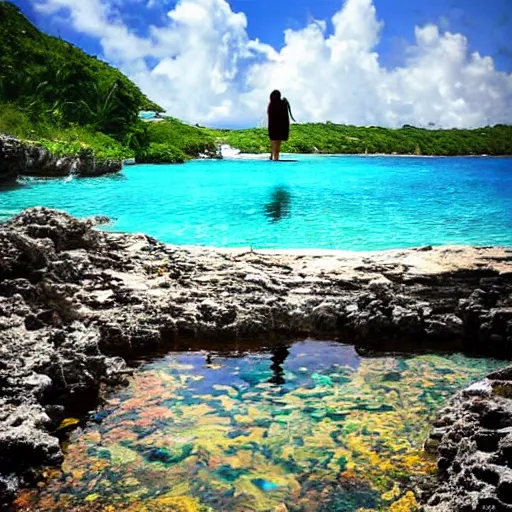 Image similar to a beautiful woman stands in the water at jobsons cove in bermuda, sunny day, highly detailed, calm water, intricate, award winning,