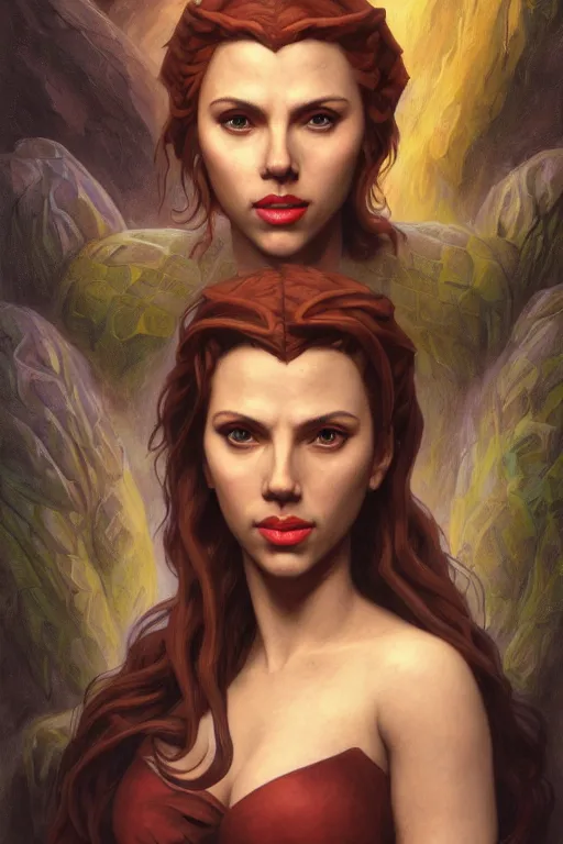 Image similar to A fantasy comic book style portrait painting of Scarlett Johansson as an Atlantean Reptilian Warrior, Mystical Valkyrie, unreal 5, DAZ, hyperrealistic, octane render, Regal, Refined, Detailed Digital Art, RPG portrait, William-Adolphe Bouguereau, Michael Cheval, Walt Disney (1937), François Boucher, Oil Painting, Steampunk, dynamic lighting, Highly Detailed, Cinematic Lighting, Unreal Engine, 8k, HD