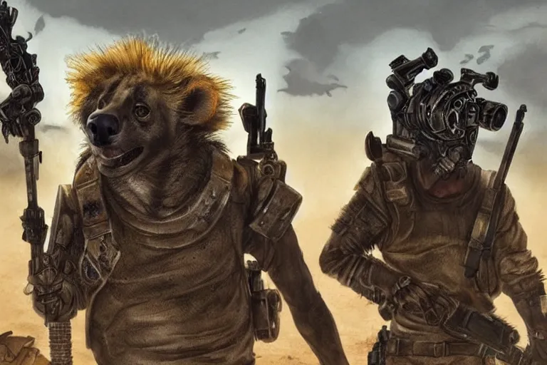 Image similar to a good ol'hyena fursona ( from the furry fandom ), heavily armed and armored facing down armageddon in a dark and gritty version from the makers of mad max : fury road. witness me.