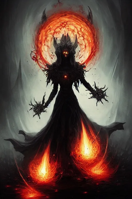 Image similar to Black Orb of Fire, digital art, fantasy, magic, trending on artstation, illustration by Seb McKinnon and Peter Mohrbacher, ultra detailed, atmospheric, powerful presence, bossfight, darksouls, grand finale, explosive entrance, final battle, cutscene, cinematic lighting, beautiful goddess, unleashing the power of the flame, burning pulse, close-up