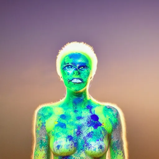 Prompt: a photo of a female made or of geodesic morfed structures, painted her body with ultraviolet paint, 5 0 mm lens, f 1. 4, sharp focus, ethereal, emotionally evoking, head in focus, volumetric lighting, 8 k