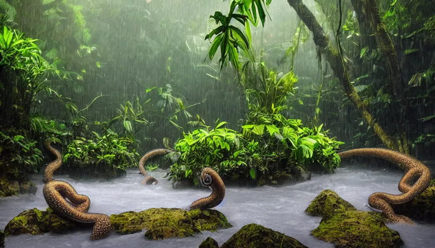 Image similar to a rainy foggy jungle, river with low hanging plants, there is a giant octopus in the water, great photography, ambient light