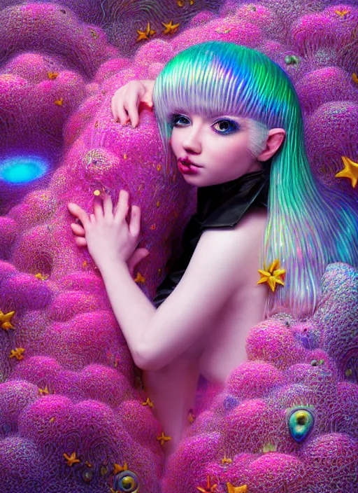 Image similar to hyper detailed 3d render like a Oil painting - kawaii portrait Aurora (white haired Singer Ferret) seen Eating of the Strangling network of yellowcake aerochrome and milky Fruit and Her delicate Hands hold of gossamer polyp blossoms bring iridescent fungal flowers whose spores black the foolish stars by Jacek Yerka, Mariusz Lewandowski, Houdini algorithmic generative render, Abstract brush strokes, Masterpiece, Edward Hopper and James Gilleard, Zdzislaw Beksinski, Mark Ryden, Wolfgang Lettl, hints of Yayoi Kasuma, octane render, 8k