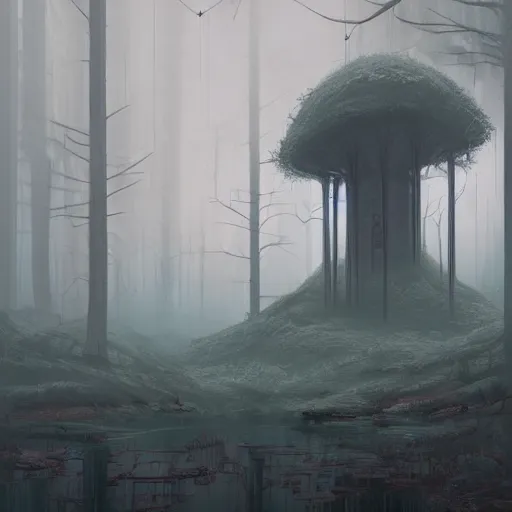 Image similar to monumental old ruins tower of a dark misty forest, overcast, sci - fi digital painting by simon stalenhag