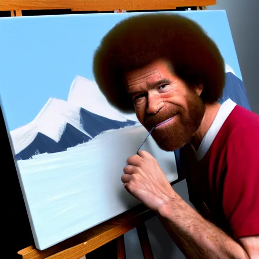 Image similar to a closeup photorealistic photograph of bob ross working on a canvas painting of the flash. film still. brightly lit scene. mountains and trees. this 4 k hd image is trending on artstation, featured on behance, well - rendered, extra crisp, features intricate detail, epic composition and the style of unreal engine.