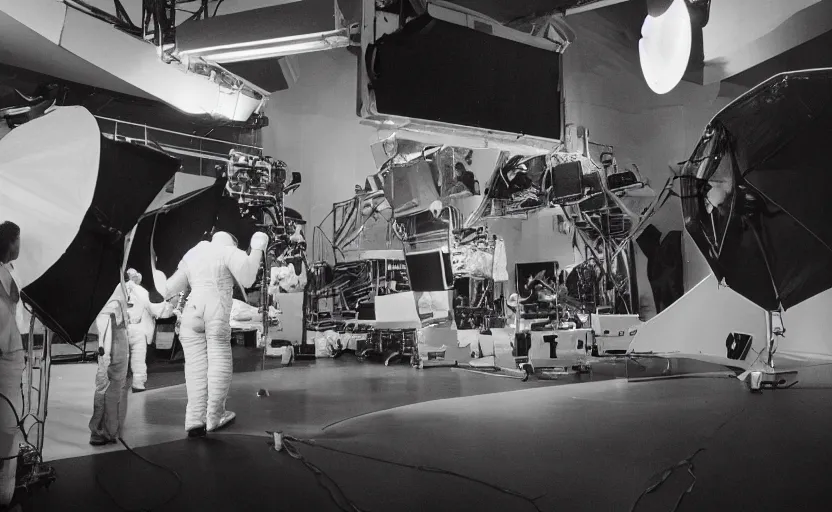 Image similar to Behind the scenes photos of the faked Apollo 11 Lunar landing on a Hollywood sound stage directed byStanley Kubrick. Rolleiflex Automat 6×6 Model RF 111A. Black and white
