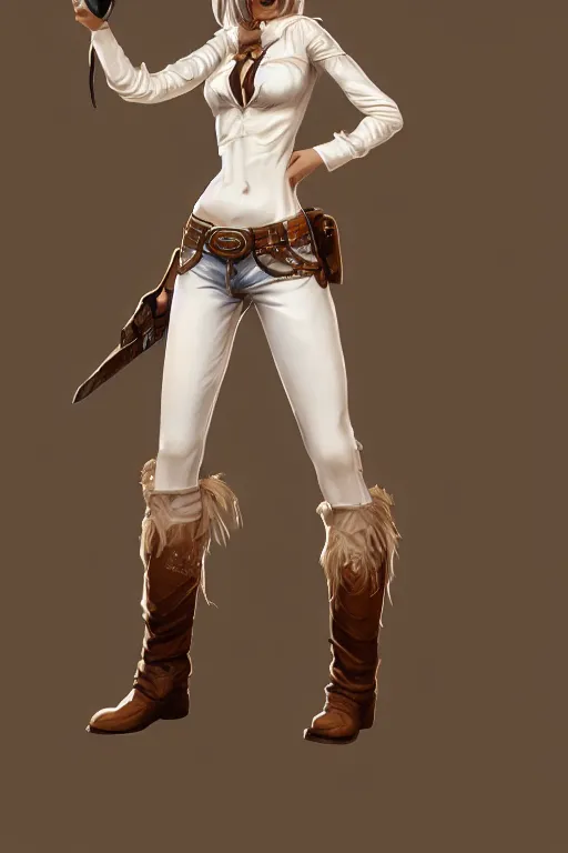 Image similar to full body, female cowgirl, perfect face, white blouse, holster, 8 k, magic the gathering, desert, d & d, artstation, high detail, smooth, sweaty character concepts by senior concept artist