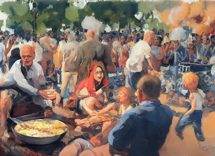 Prompt: a highly detailed beautiful portrait of a bibi nethanyahu protesting against eating animals while people doing bbq, by gregory manchess, james gurney, james jean