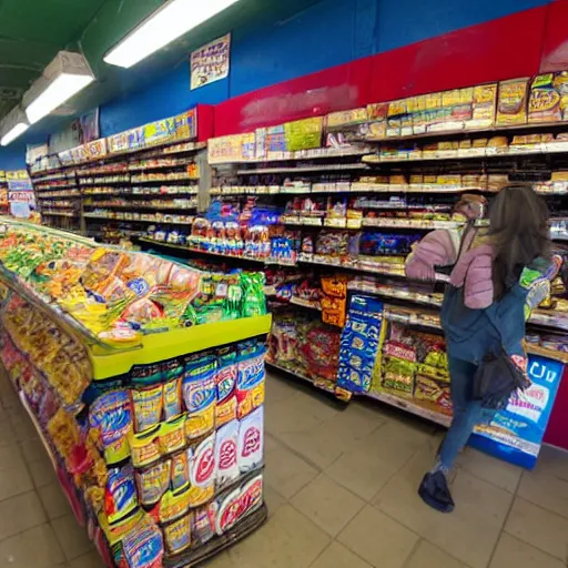 Prompt: crowded bodega filled with groceries, produce, cans, soda, lottery tickets, people and cigarettes with Hispanic customers and workers.