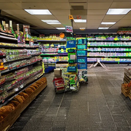 Prompt: a ransacked grocery store, broken signs, filthy flooring. Vines growing. Award-winning photo. OM system 12–40mm PRO II 40mm, 1/100 sec, f/2 8, ISO 800