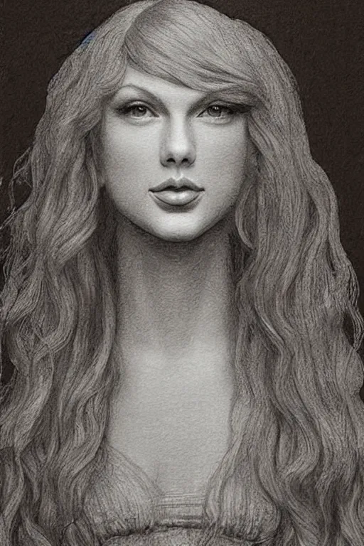 Prompt: a portrait of taylor swift in the style of leonardo da vinci drawing,, single head, no double head,