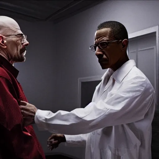 Image similar to Walter White stabs Gustavo Fring in the back, photorealistic, cinematic lighting,