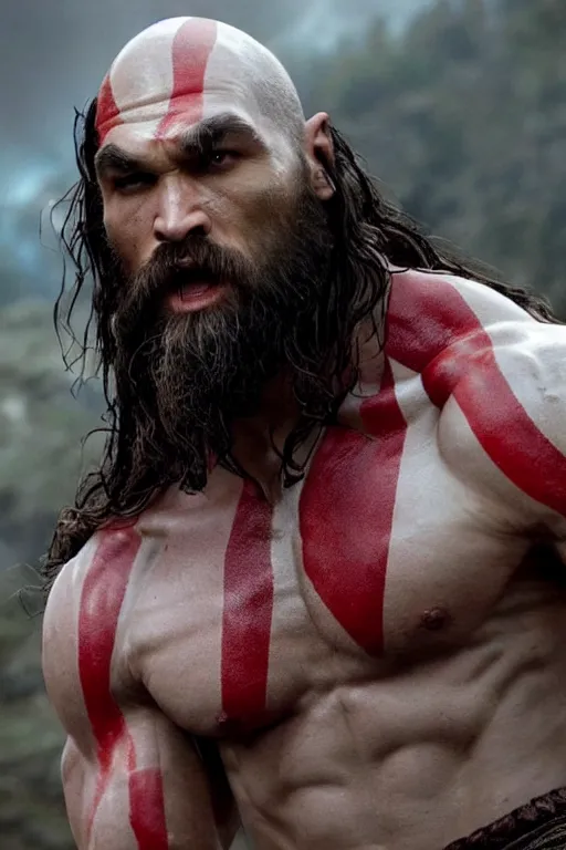 Prompt: film still from god of war, a highly detailed beautiful closeup photo of jason momoa!!!! kratos with long! windblown! wet hair! holding a sword and fighting zombies on a pile of human skulls, spartan warrior, olympian god, muscular!!!, masculine confident pose, ambient lighting, volumetric lighting, octane, fantasy