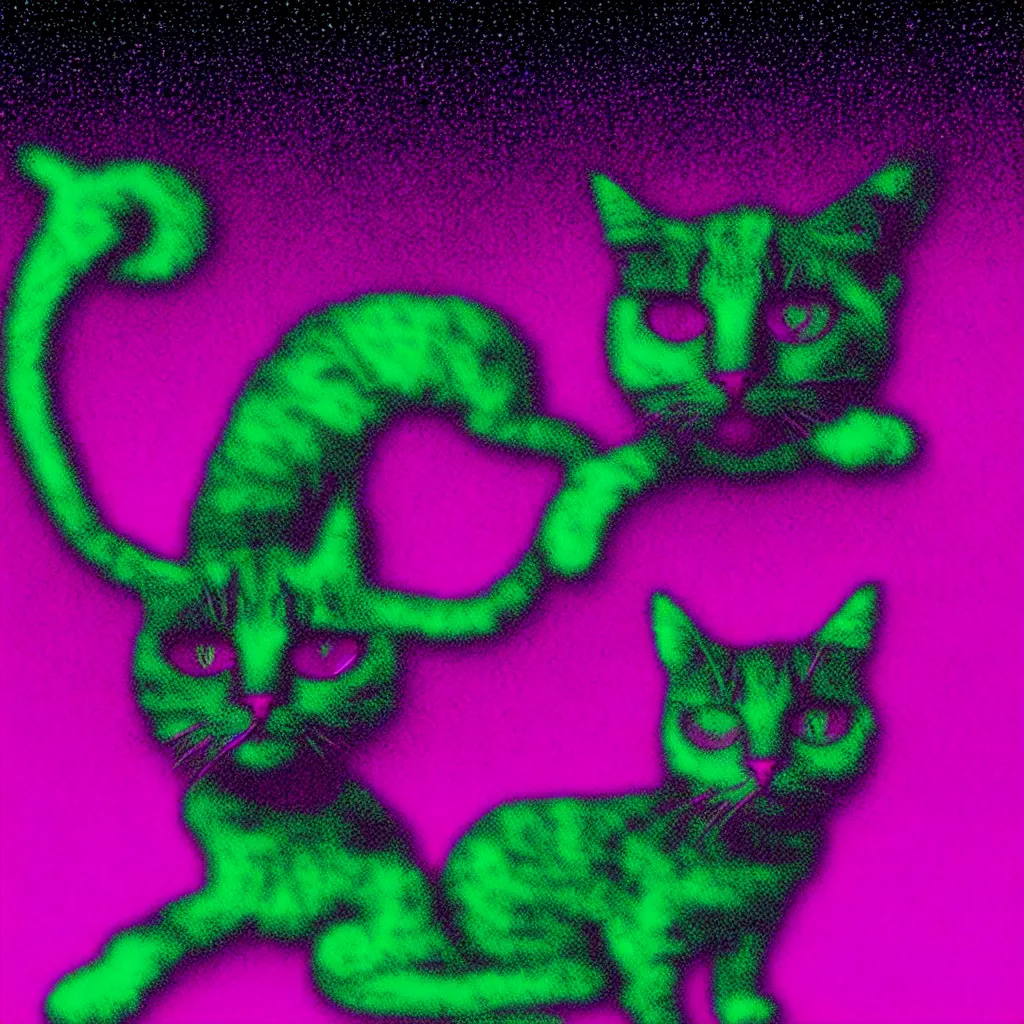 Prompt: salem cat synthwave, glitchy, reflective, holographic, neon