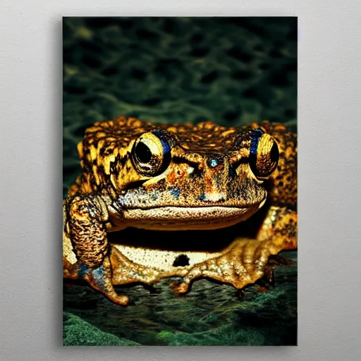 Prompt: deep camouflage angry toad evil eyes poking out eyes from under the water ultra sharp blur background simple background deep brown orange staring into camera poster art