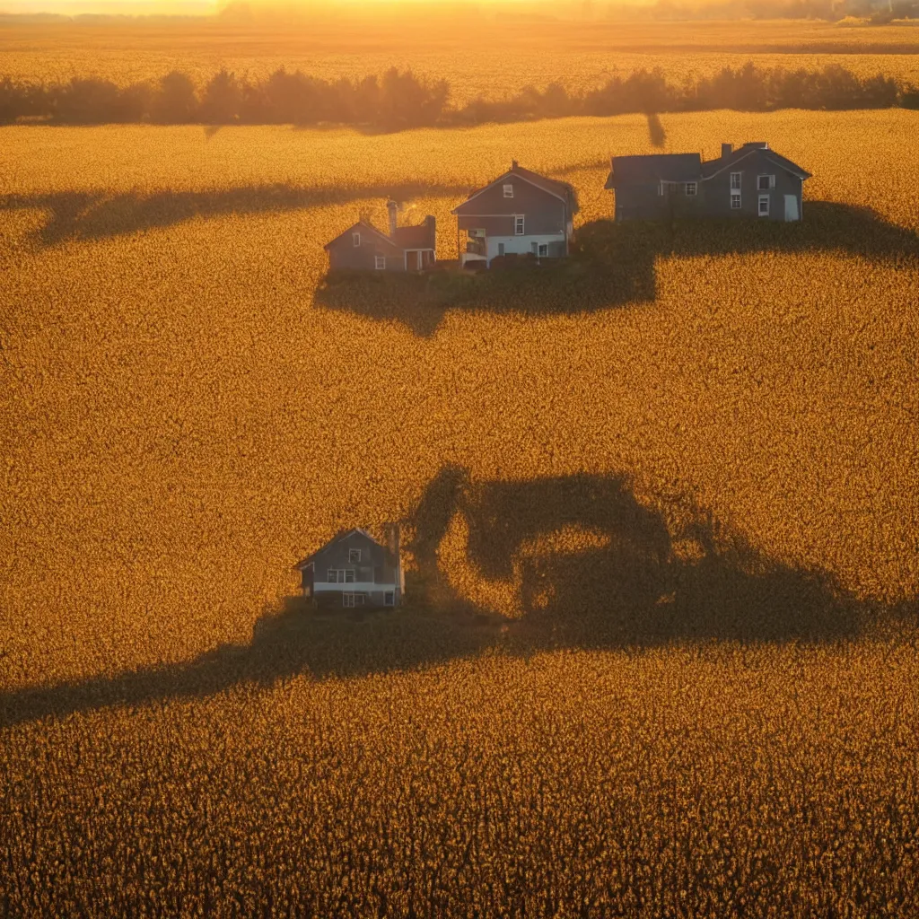 Prompt: my dream of lonely suburban house in a grain field, golden hour, uncanny, overly happy, harsh lighting