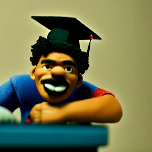 Image similar to a cinematic film still of a claymation stop motion film starring chance the rapper as a college student, shallow depth of field, 8 0 mm, f 1. 8