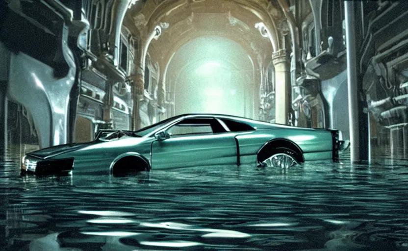 Image similar to car from cars in a flooded fractal hallway, romance novel cover, in 1 9 9 5, y 2 k cybercore, low - light photography, still from a ridley scott pixar movie