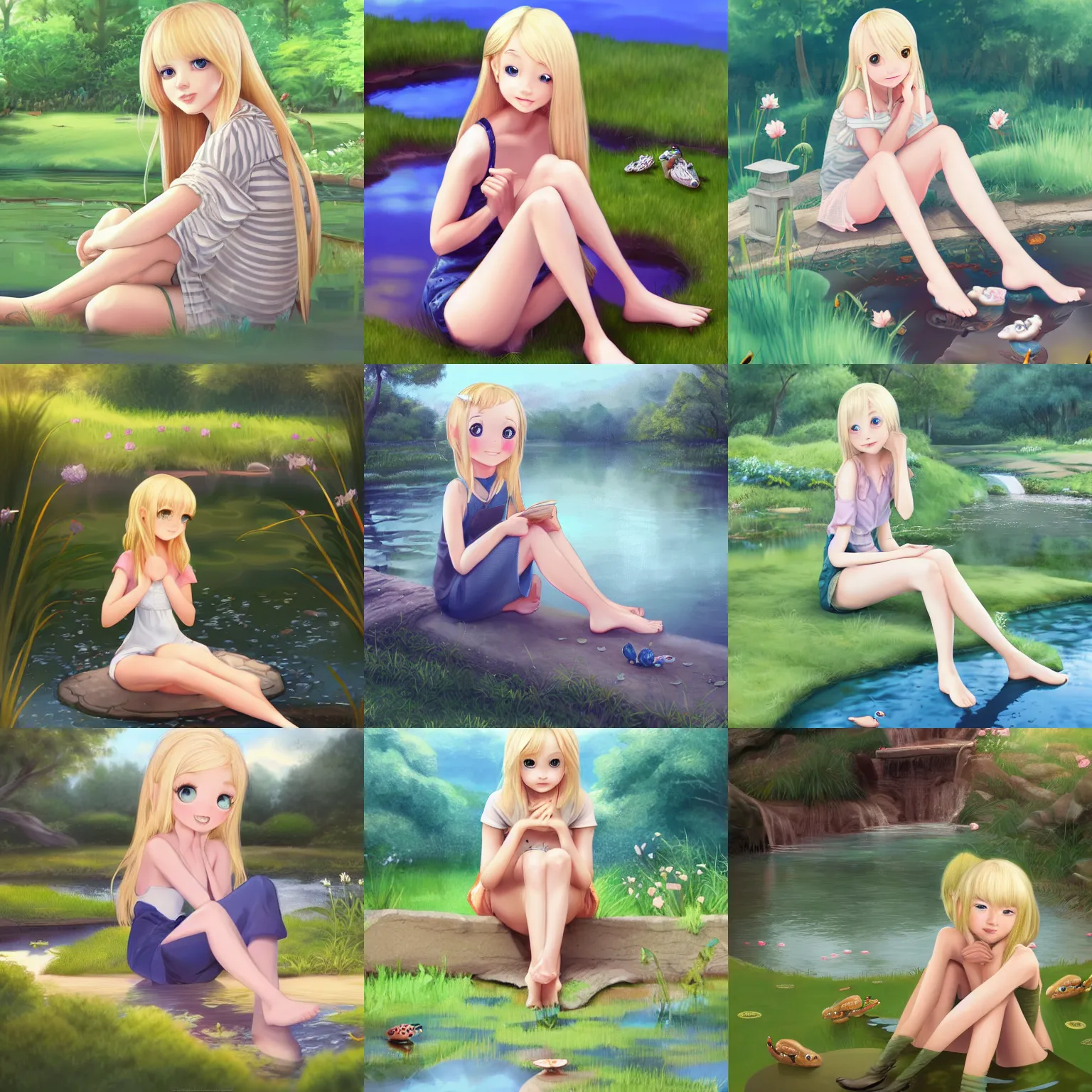 Prompt: cute blonde girl sitting by a pond, surrounded by lots of little frogs, trending on artstation, award winning, digital art, 2 d, highly detailed, very calm and wholesome, illustration, realistic, cartoony, shoujo, anime