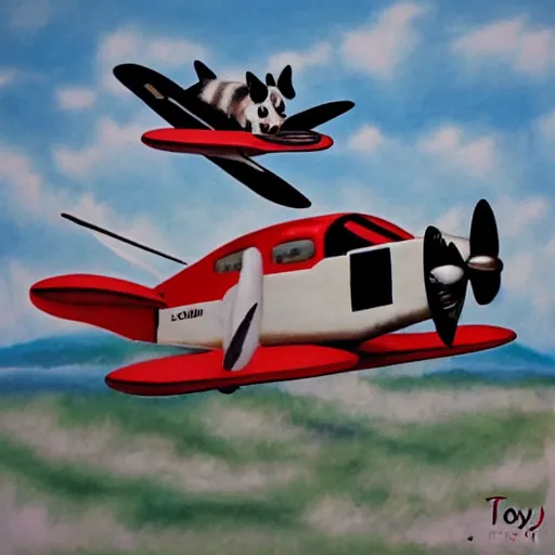 Image similar to biplane flying, piloted by 3 dogs, toy fox terrier breed, dog pilots, black and white spots, panting