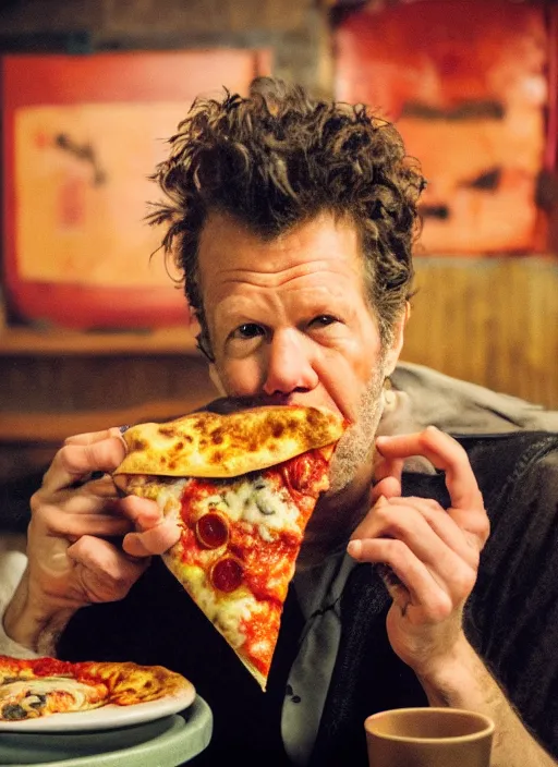 Image similar to Tom Waits eating pizza with ice cream on top, color photograph portrait 4k