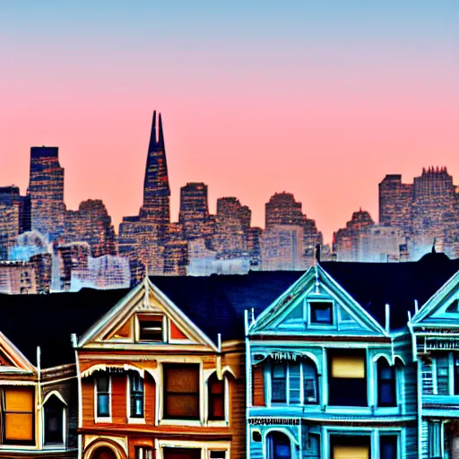 Prompt: a photograph of the painted ladies in san francisco at sunset with bokeh effect high definition