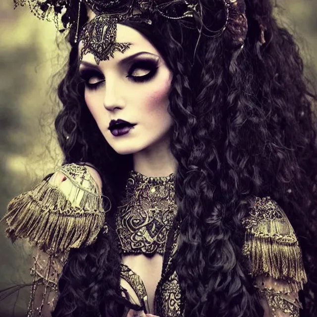 Prompt: ethereal beautiful woman with long curly hair in romany gypsy outfit, high detail, detailed dark eyeshadow, black dark aesthetic, fantasy, epic style