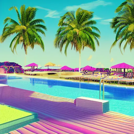 Prompt: motel, swimmingpool, sunset, palms, beach, sunset, vaporwave, pink, blue, green, purple, bryce 3 d style.