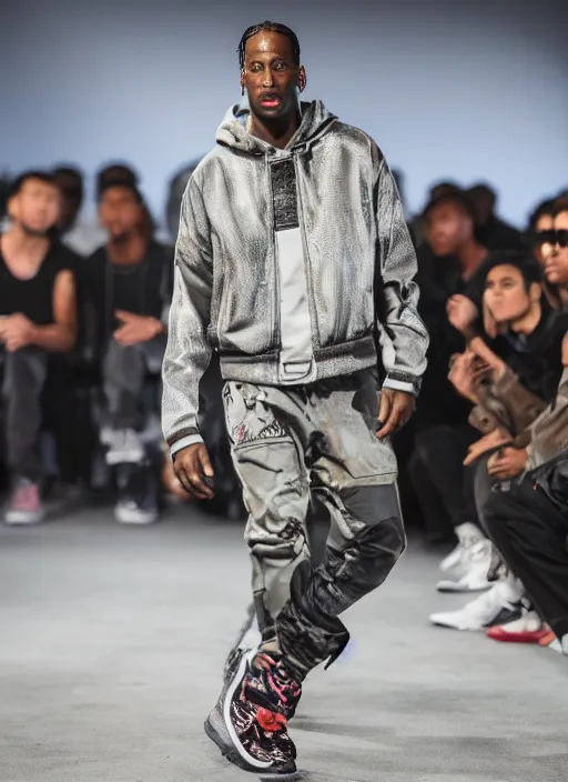 Image similar to hyperrealistic and heavy detailed nike runway show of travis scott, leica sl 2 5 0 mm, vivid color, high quality, high textured, real life