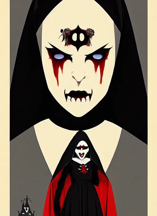 Image similar to scary female vampire nun, symmetrical face, evil grin, nun outfit, portrait size, cinematic, dramatic, super detailed and intricate, by koson ohara, by darwyn cooke, by greg rutkowski, by satoshi kon