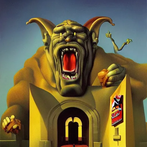 Prompt: The famous gargoyle of McDonalds, surrealist landscape painting by Vladimir Kush