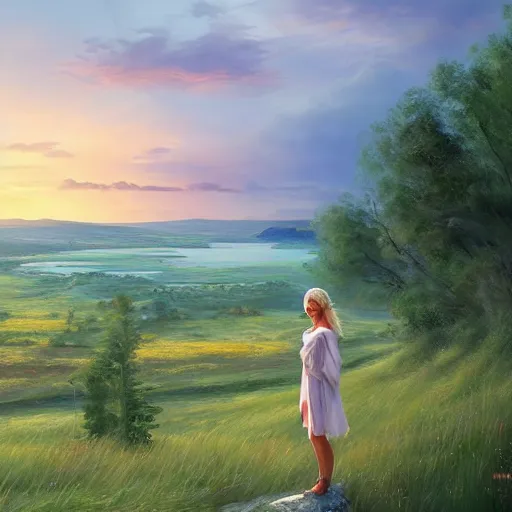 Image similar to blonde female jedi, Swedish countryside, landscape view, archipelago, freedom, dawn, sunrise, beautiful, by Vladimir Volegov, artstation