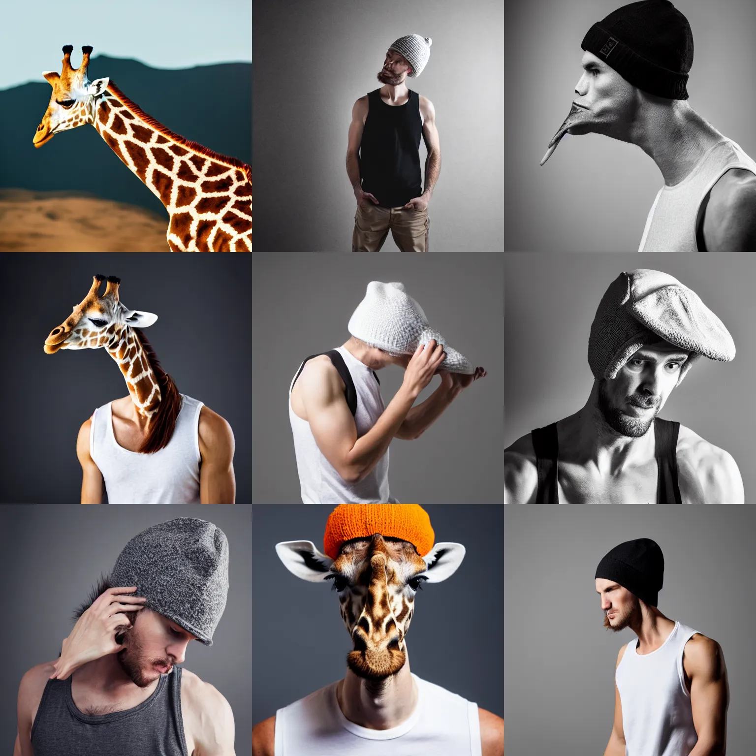 Prompt: giraffe powerifter wearing a white tank top shirt and winter hat , studio photoshoot dramatic light , very sharp detail , aggressive pose