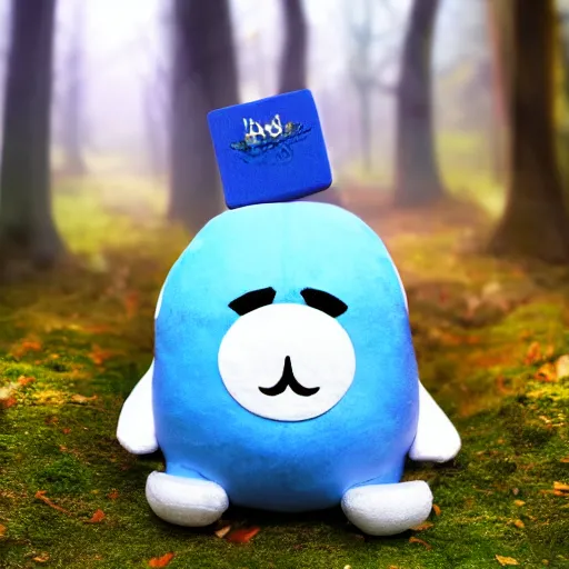 Image similar to blue'snappy gifts'plush toy with smily face in magical forest, gifts, dark atmosphere, high detail, soft lighting, 8 k