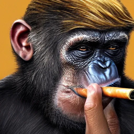 Image similar to a high detail photo of donald trump smoking a cigarrette, subject= chimp, subject detail: extremly detailed, subject action: smoking a cigar, photorealism, dramatic lighting, award winning photograph, trending on artstation