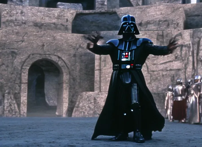 Image similar to film still of Darth Vader as Maximus in the arena with his arms out saying are you not entertained in Gladiator 2000, 4k