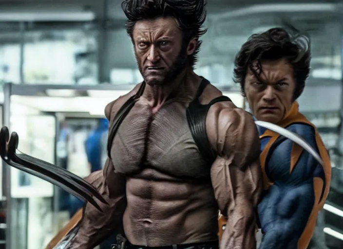 Image similar to film still of Wolverine going grocery shopping in the new X-Men movie, 4k