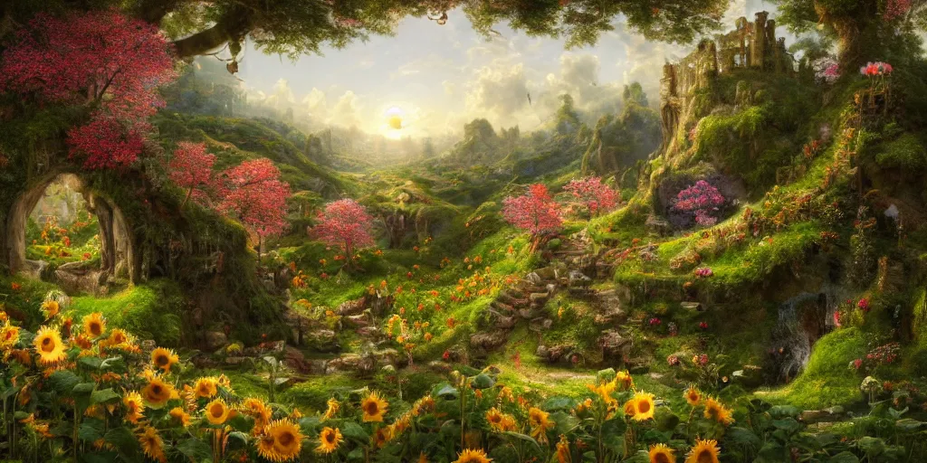 Prompt: a beautiful and highly detailed digital painting of a gateway to fairyland, hills, toadstools, ruins, deep forest, liminal space, sakura blossom. sunflowers, intricate details, epic scale, hyperrealism,, artstation, cgsociety, 8 k, sharp focus, by caspar friedrich, albert bierstadt, james gurney, brian froud,