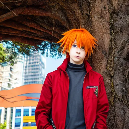 Image similar to orange - haired anime boy, 1 7 - year - old anime boy with wild spiky hair, wearing red jacket, standing under treehouse in city plaza, urban plaza, large tree, ultra - realistic, sharp details, subsurface scattering, godrays, intricate details, hd anime, 2 0 1 9 anime