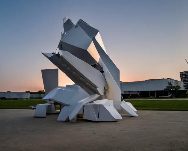 Prompt: photo of minimalist abstract cubist sculpture of curvy spaceship with random small mecha mayan decorations, covered with few large white airplane parts with windows and doors, gigantic size, sunset lighting used as a theater