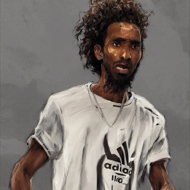 Image similar to a somali man with long curly hair, wearing adidas clothing, anime style, portrait, elegant, intricate, digital painting, artstation, concept art, smooth, sharp focus, illustration, art by konstantin korovin and daniel f. gerhartz and john howe