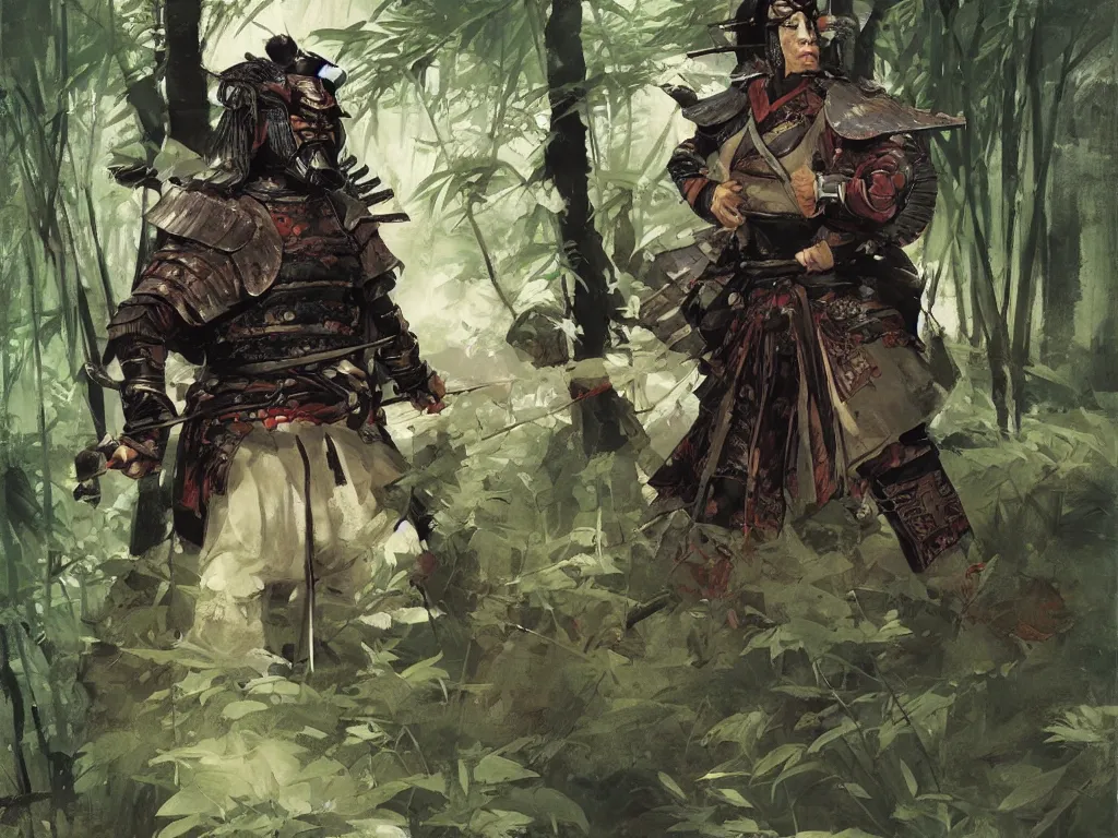 Image similar to a wandering samurai in full armor sitting in a dark bamboo forest, by huang guangjian and gil elvgren, sachin teng, greg manchess