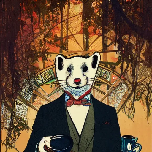 Image similar to a weasel in a suit was drinking tea, surrounded by tea houses ambient lighting, 4 k, russ mills, alphonse mucha, jung gi kim, artstation