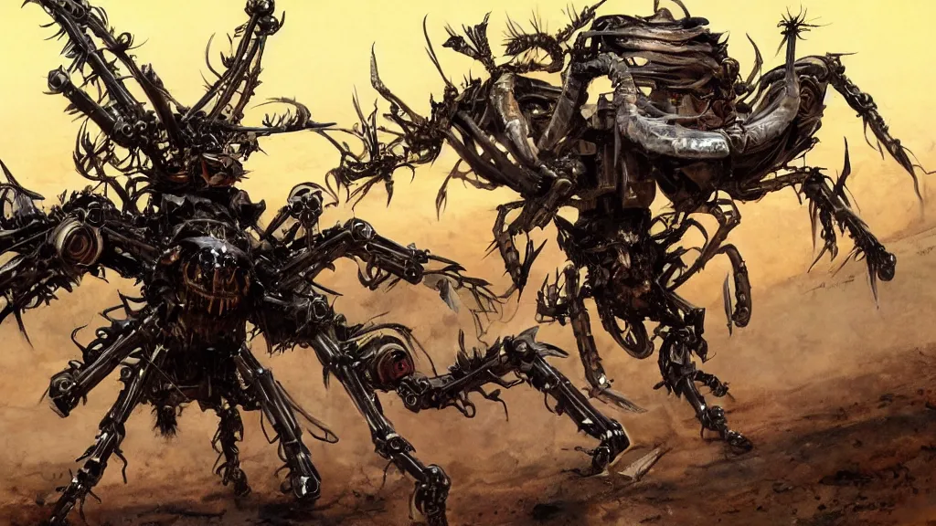 Prompt: a hornet demon fights a giant mechanical spider in a crazy desert, Simon Bisley, james gurney, artstation