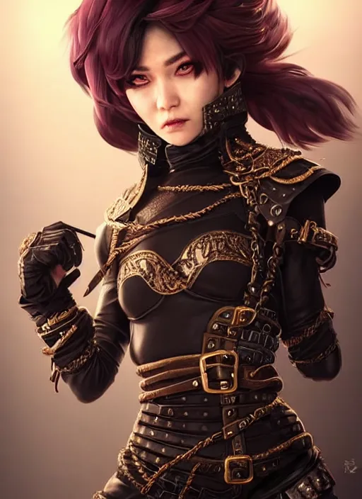 Image similar to rogue, fantasy ornate leather bandit outfit!!! close - up portrait beautiful and athletic short hair female!! gorgeous face and eyes!! character concept art, sharp focus, octane render! unreal engine 5! highly rendered!! trending on artstation!! detailed linework!! illustration by artgerm, wlop, and chie yoshii